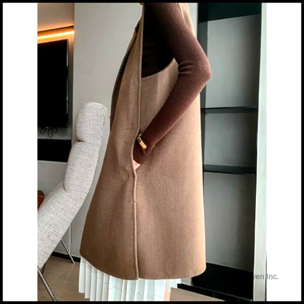 Long Wool Vest Sleeveless Blazer Jacket Polyester Blend - Picture 2 of 3